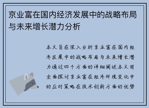 京业富在国内经济发展中的战略布局与未来增长潜力分析